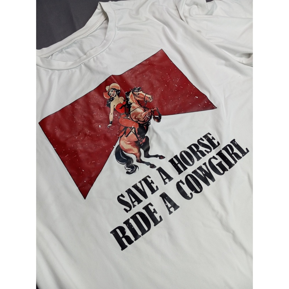 SHEIN White Graphic Tee Save a Horse Ride a Cowgirl Pin Up Western XL